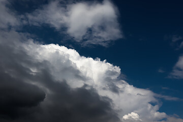 Obraz premium White cotton wool clouds on a sunny day. A continuous stream of clouds across the summer sky.