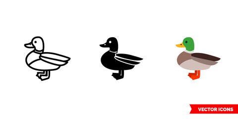 Duck icon of 3 types color, black and white, outline. Isolated vector sign symbol.