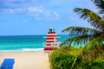 Miami Beach, Florida, USA sunrise and life guard tower.