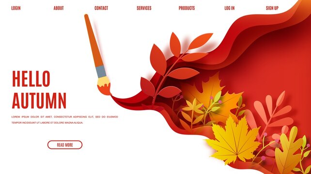 Autumn leaves wavy background in paper cut style. Cut out 3d website template with creative brush stroke layered papercut art. Vector card with paintbrush draw and origami red orange yellow leaves