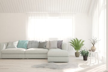 White living room with sofa. Scandinavian interior design. 3D illustration