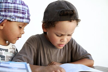 boy with his school book back to school on white background stock image and stock photo