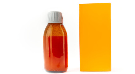 Bottle of medicine syrup on white