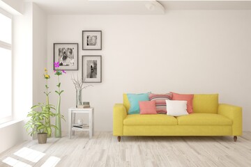 White living room with sofa. Scandinavian interior design. 3D illustration