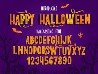 Halloween font. Typography alphabet with colorful spooky and horror illustrations. - 376751162