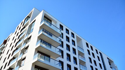 Architectural details of modern apartment building. Modern european residential apartment building complex.