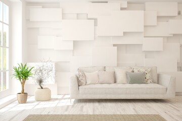 White living room with sofa. Scandinavian interior design. 3D illustration