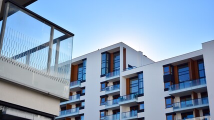 Architectural details of modern apartment building. Modern european residential apartment building complex.