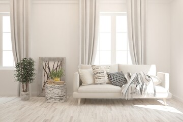 White living room with sofa. Scandinavian interior design. 3D illustration