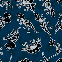 Dinosaur skeleton. Vector seamless pattern. Original design with dinosaur bones. Blue background dinosaur for textile, clothes and wrapping paper. © barberry
