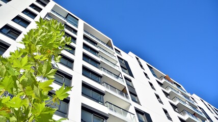 Architectural details of modern apartment building. Modern european residential apartment building complex.