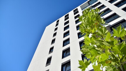 Architectural details of modern apartment building. Modern european residential apartment building complex.
