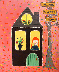 Hand painted illustration with the tiny house and little girl looking at the window