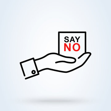 Human Hand With Banner Say No Icon Or Logo Line Art Style. Outline Say No Concept. Hand Saying No Thanks Vector Illustration.