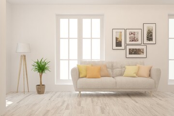 White living room with sofa. Scandinavian interior design. 3D illustration