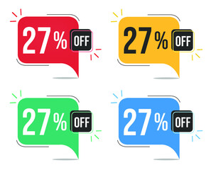 27% off. Red, yellow, green and blue tags with twenty-seven percent discount. Banner with four colorful balloons with special offers vector.
