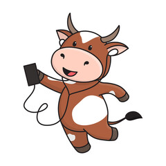 Cute red spotted cow or bull listen to music with headphones and dancing. Ox is symbol of the New year 2021 according to Chinese or Eastern calendar. Vector stock flat illustration isolated on white