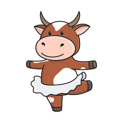 Cute red spotted cow or bull dancing ballet.  Ox is symbol of the New year 2021 according to Chinese or Eastern calendar. Vector stock flat illustration isolated on white
