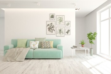 White living room with sofa. Scandinavian interior design. 3D illustration