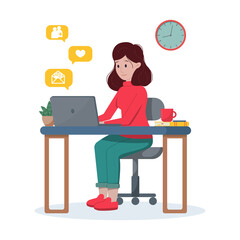 Fototapeta na wymiar Vector illustration: office concept, woman working from home, student or freelancer. Woman checks the social network.