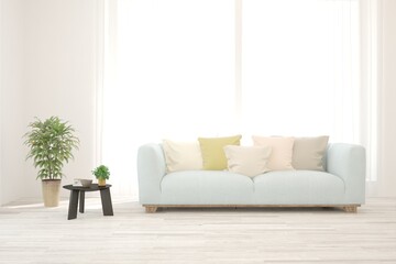 White living room with sofa. Scandinavian interior design. 3D illustration