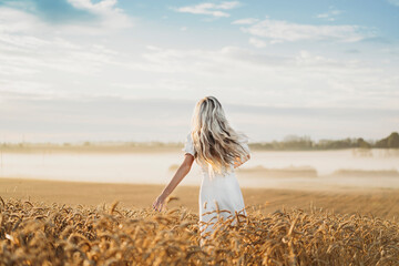 Portrait of a beautiful young blonde woman in a white dress running through the golden wheat field in the down with fog and blue sky. View from the back. Country, nature, summer holidays, agriculture.