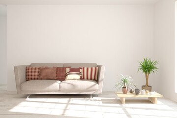 White living room with sofa. Scandinavian interior design. 3D illustration