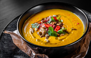 Pumpkin soup in black plate on black wooden table background