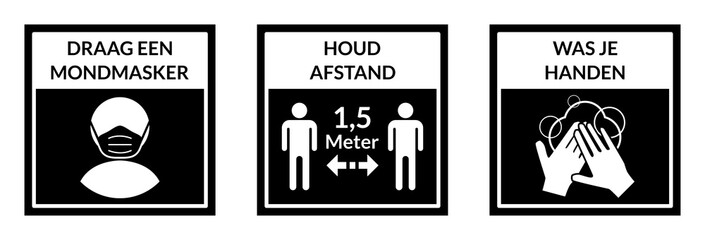 Square Warning Signs in Dutch Showing a Basic Set of Measures against the Spread of Covid-19 including Wear a Face Mask, Keep Your Distance 1,5 Meters and Wash Your Hands. Vector Image.