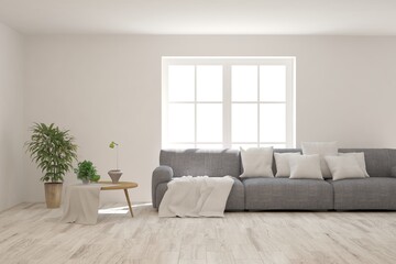 White living room with sofa. Scandinavian interior design. 3D illustration