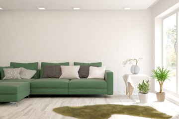 White living room with sofa. Scandinavian interior design. 3D illustration