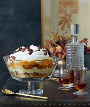 Orange-whiskey trifle with spiced pecans and sipping whiskey