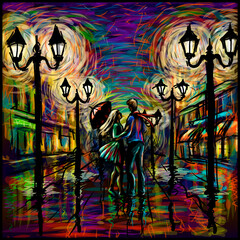 Two lovers with an umbrella in the rain. Abstract, multi-colored, neon image of a man and a woman hugging each other under an umbrella on a rain-soaked alley with lanterns.