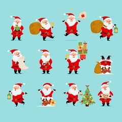 Set with cute santa claus character. Vector illustration for christmas and new year design