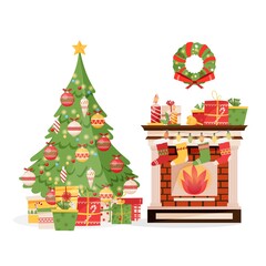 Room interior with brick fireplace, socks, christmas presents and gifts, traditional wreath, tree with baubles. Vector illustration in flat style