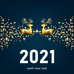 Obraz na płótnie Canvas Happy New Year 2021 blue background with golden Xmas reindeer.