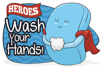 Cute Super Soap with Cloak, Promoting Hand Washing, Vector Illustration