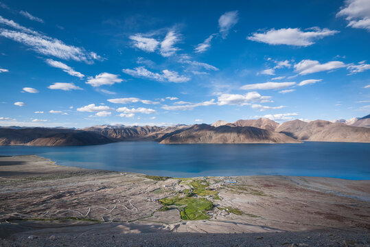 Wide Shot Of Pangong Lake, Pangong Tso, China India Border In The Himalayas