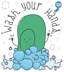 Cute Green Soap with Bubbles and Water Promoting Hand Washing, Vector Illustration