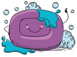 Smiling Soap Saluting at you in the Shower, Vector Illustration