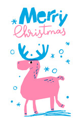 Merry Christmas vector winter poster with cute deer