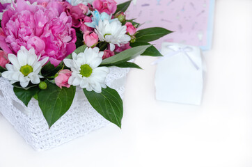 bouquet of delicate flowers of peony and chrysanthemum, holiday gift