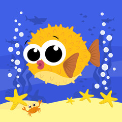 Fototapeta na wymiar cute baby blowfish cartoon illustration with bubbles and under the sea background. Design for baby and child
