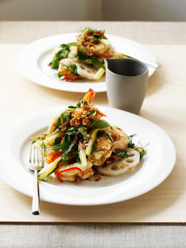 Plate of lotus root and prawn salad