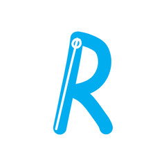 Letter R isolated on white background as logo, icon, emblem, blue vector stock illustration with drawn single letter for business
