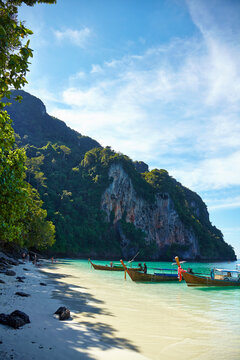 View of beach and stationary boats, Phi Phi Don, Thailand