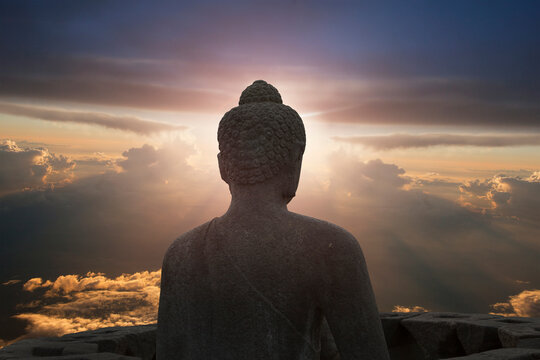 Glowing buddha, The Buddhist Temple of Borobudur, Java,  Indonesia