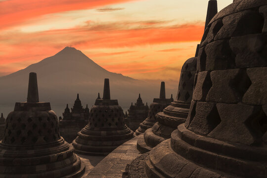 Rooftop at sunset, The Buddhist Temple of Borobudur, Java, Indonesia