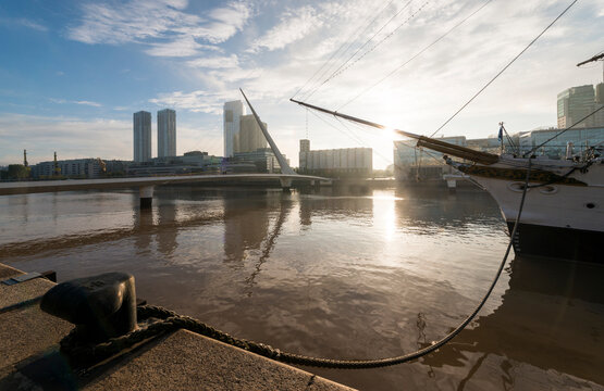 View of Museo Fragata Sarmiento and distant Puente de la Mujer footbridge, Puerto Madero, Buenos Aires, Argentina