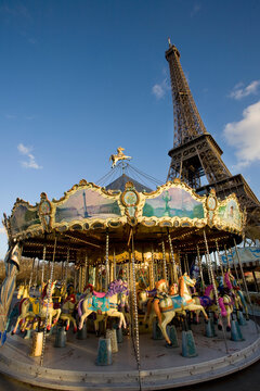 Merry-go-round with Eiffel Tower behind, Paris, France